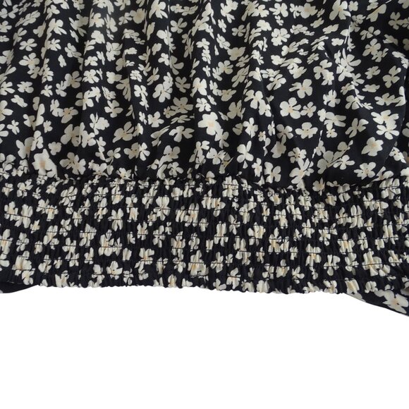 H&M Black Floral Crop Top Long Sleeve V-Neck Drawstring Hem Blouse Women Size M - Picture 4 of 12